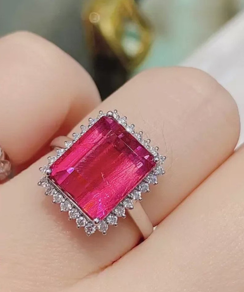 7.40Ct Emerald Cut Natural Ruby Diamond Ring 14K White Gold Size 8.5