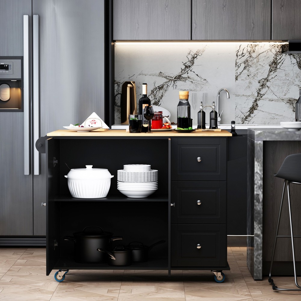 Modern Kitchen Rolling Trolley Table with Drop Leaf and Lockable Wheels, Black