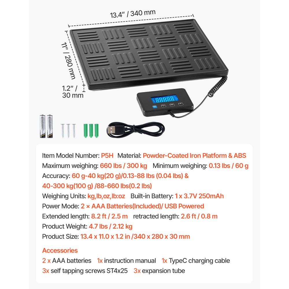 Digital Postal Scale 660 lb w/ Tare Hold LCD Display for Package Postage