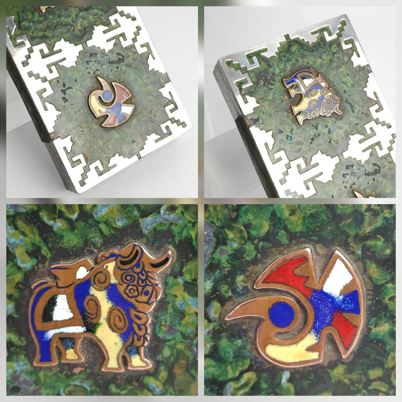 Vintage Peru Enameled Copper Cigarette Trinket Box Silver Tone Metal Bird Bull