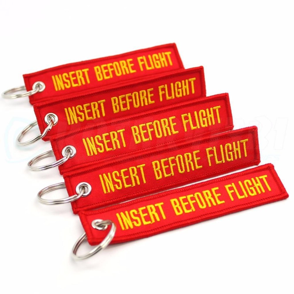 INSERT BEFORE FLIGHT QTY= 5 PCS RED/yellow KEYCHAINS RING TAGS CABIN CREW