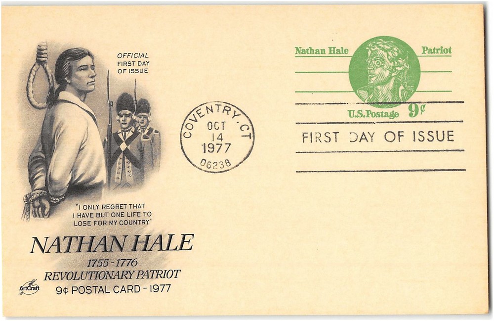 US #UY28m First Day, 1977, Message Reply, 9c Nathan Hale, message side