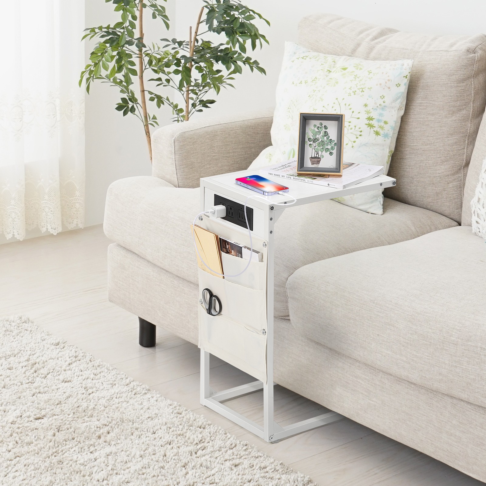 Set of 2 C Shaped End Table with Charging Station Storage Bag Couch Side Tables