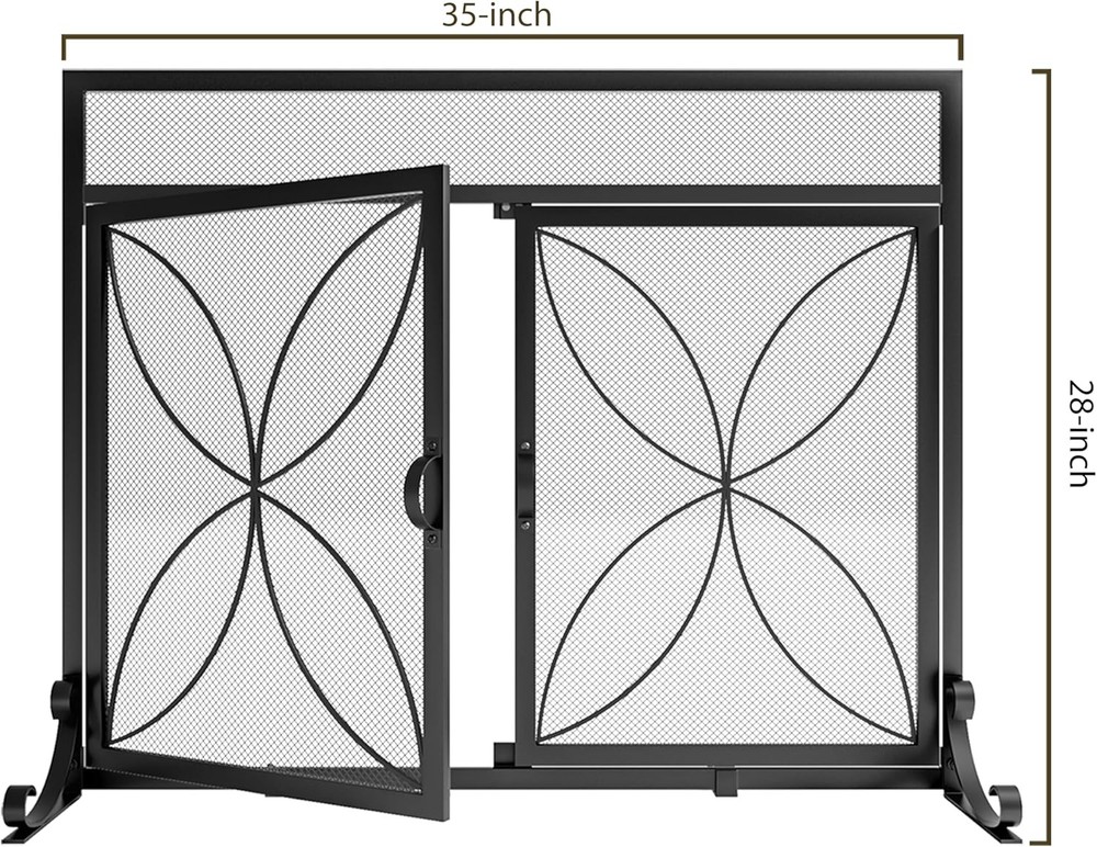 Fireplace Screen W/ Magnetic Doors,Handcrafted Wrought Iron Classical Scroll