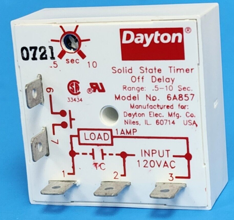 DAYTON 6A857 SOLID STATE TIMER OFF DELAY .5-10 SEC.
