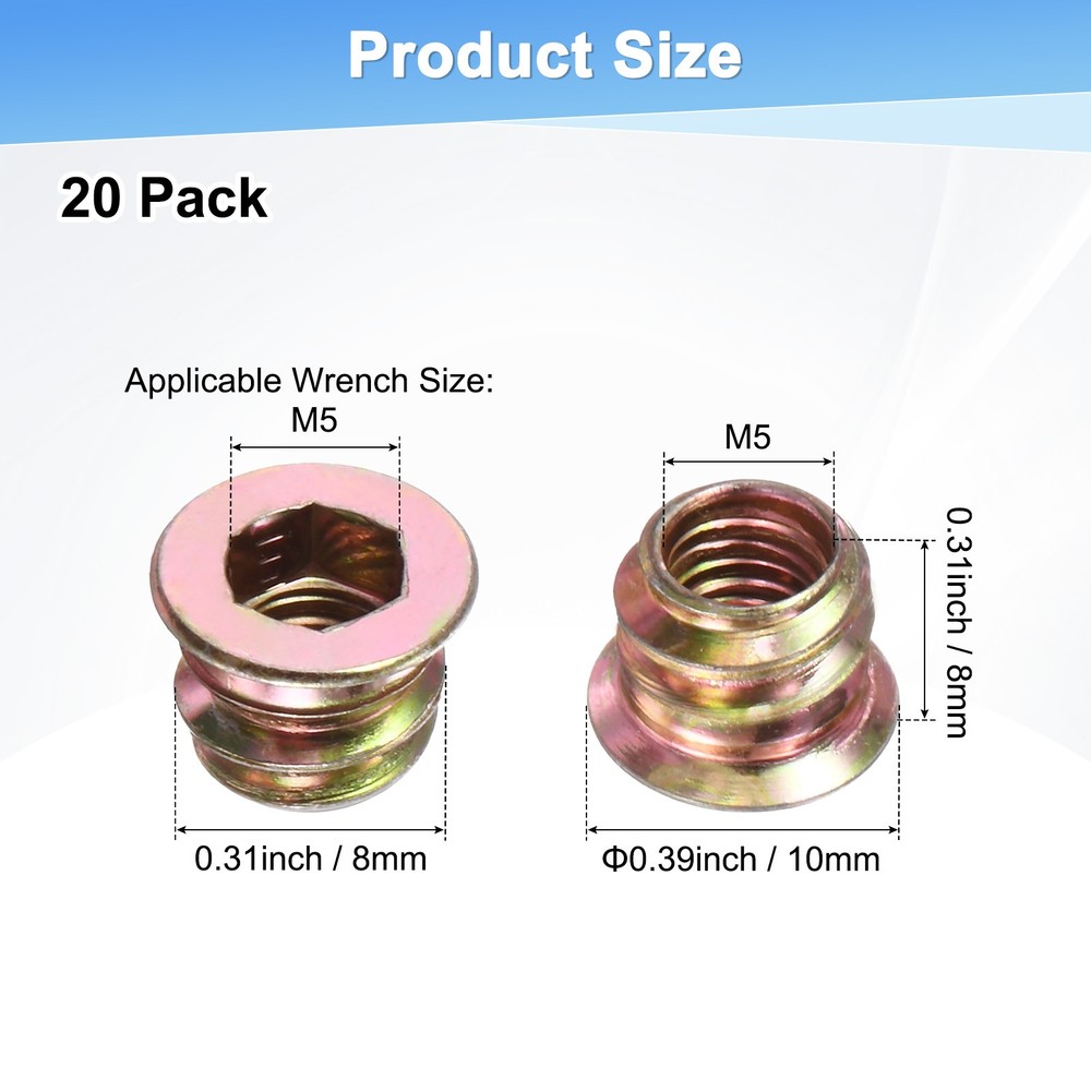 20-Pack Threaded Inserts for Wood, M5x8mm Threaded Insert Nuts [Gold Tone]