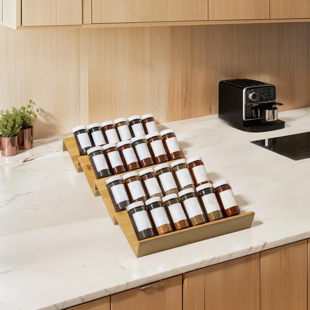 WodGod Bamboo Spice Rack Drawer Organizer - 4-Tier Stackable Kitchen Insert