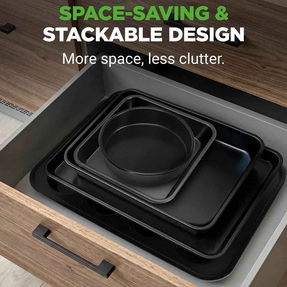 NutriChef Stackable Non-Stick Baking Pan Set – Carbon Steel One Size, Black