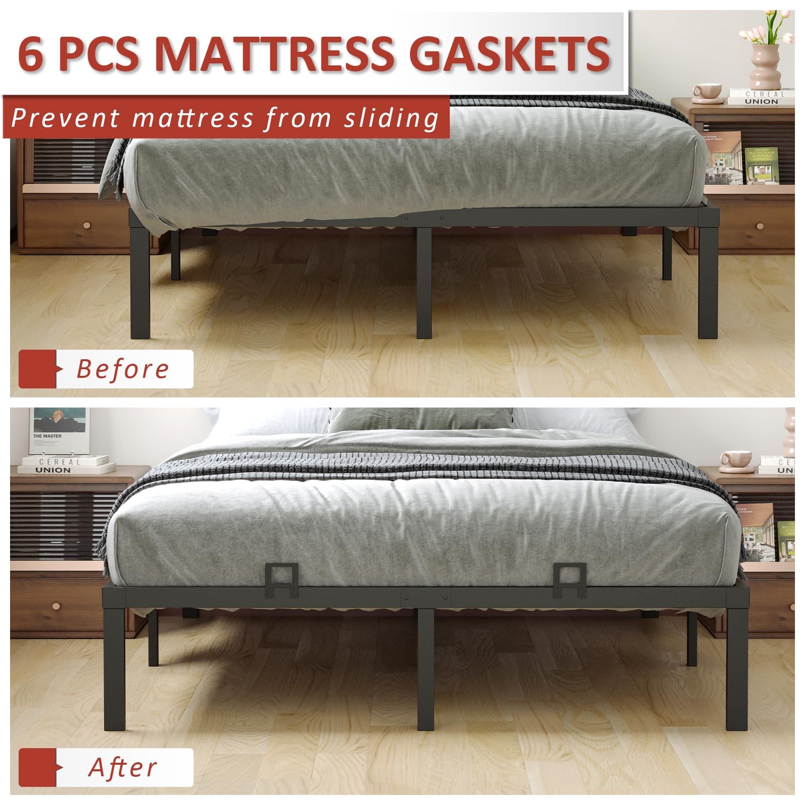 6-Pack Non-Slip Mattress Grippers for Metal Full, Twin, Queen, King, Black