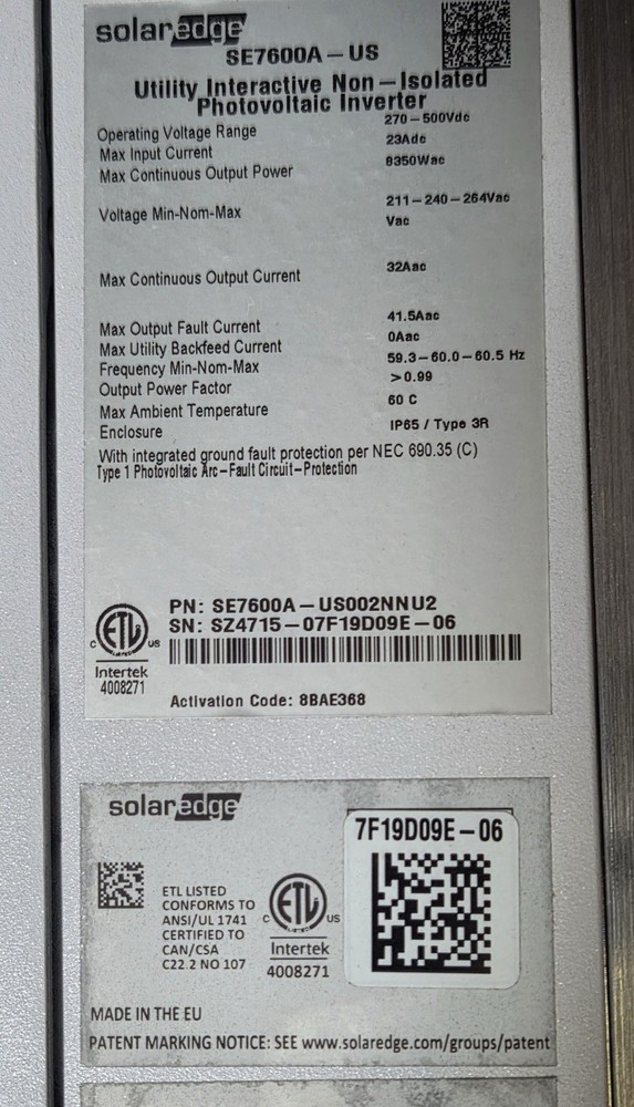 SolarEdge SE7600A-US Utility Interactive Photovoltaic Inverter