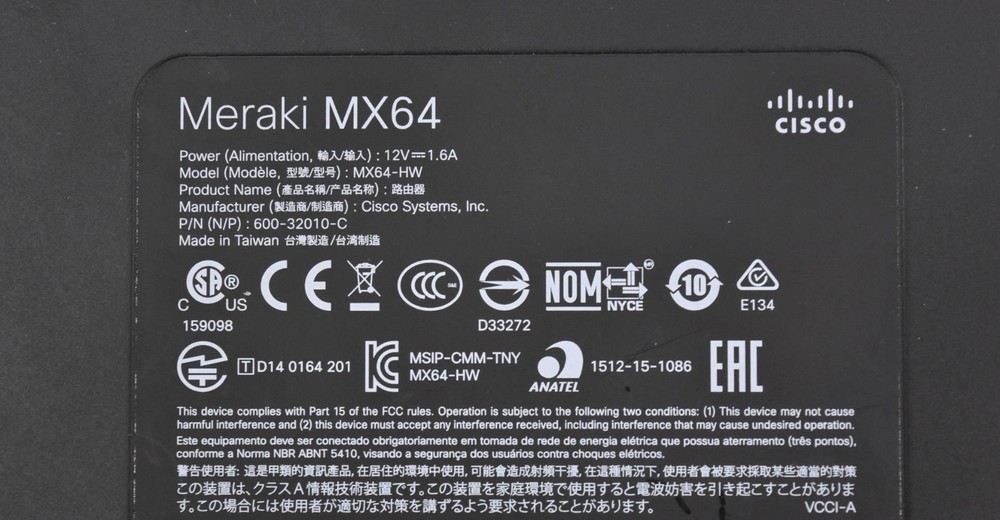 Cisco Meraki MX64 Cloud Managed Firewall Claimed