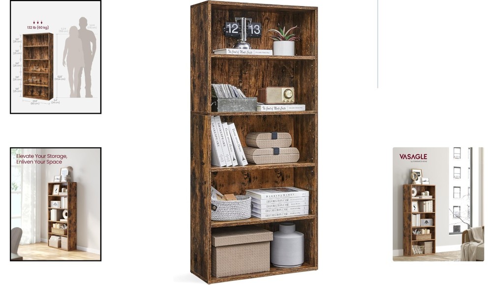 CUSTOS 5-Tier Rustic Brown Bookshelf - Adjustable Open Storage Shelf