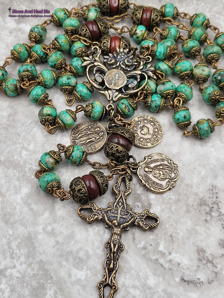 Healing Saints Lourdes Fatima Jude Raphael Rosary |Heritage Bronze |Turquoise