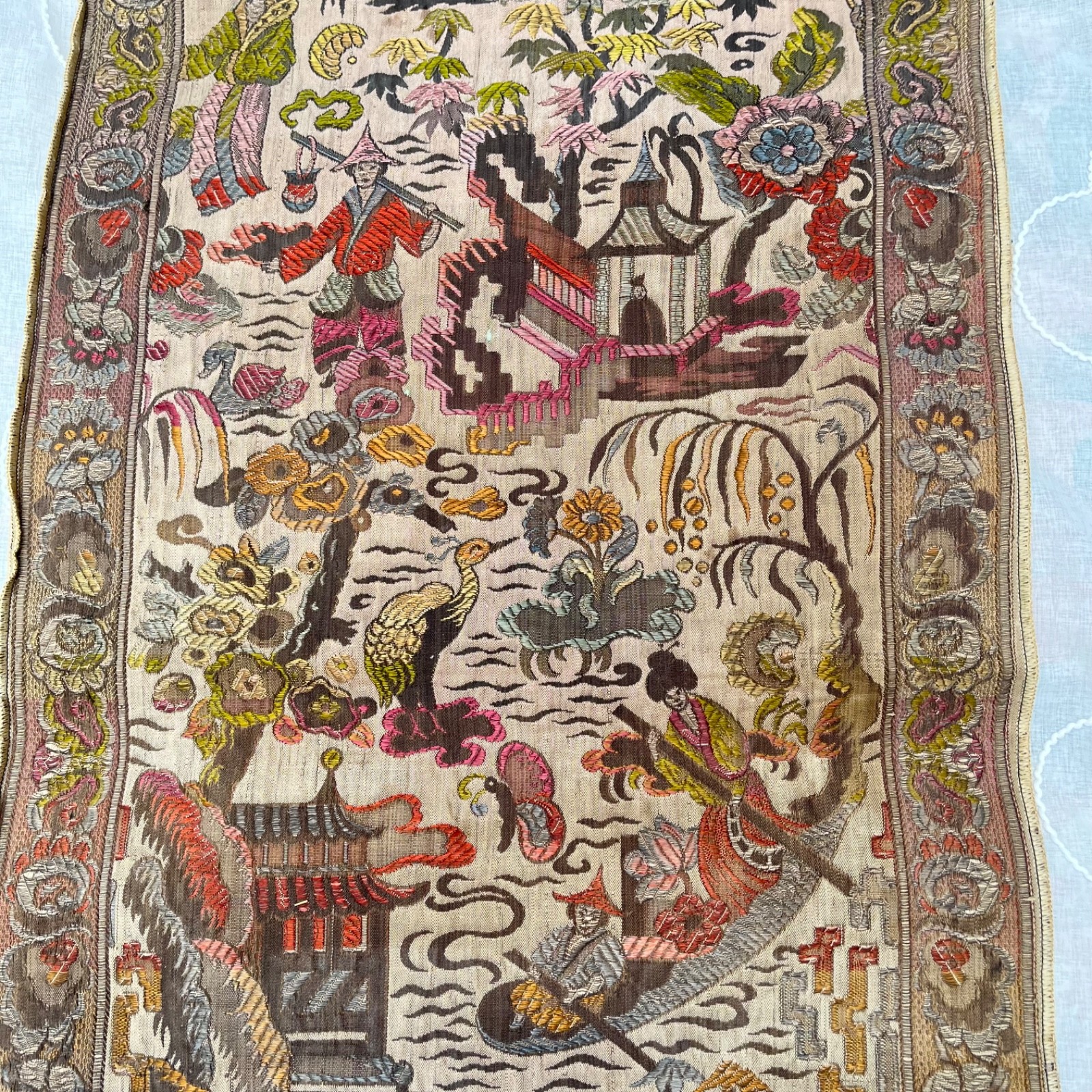 Vintage Asian Silk Hand Embroidered Textile 48 x 17 Panel Runner Pagoda Scene