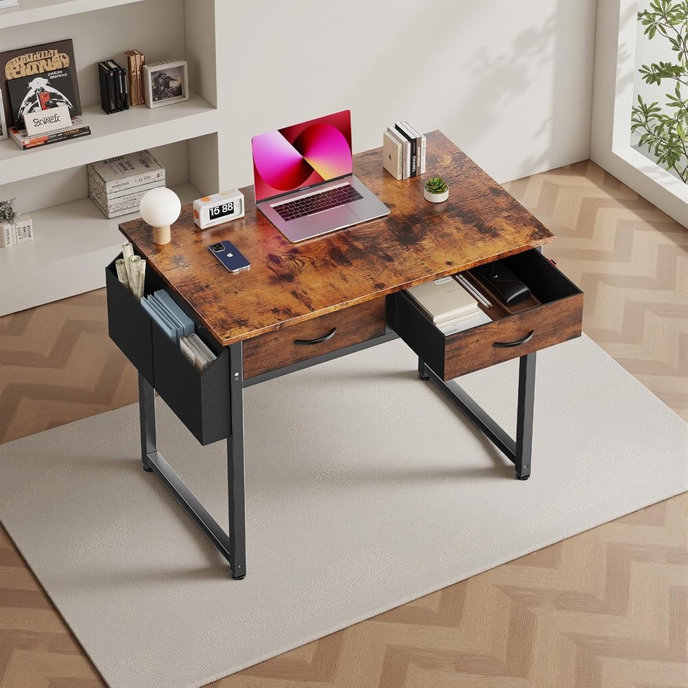 32 Inch Computer Desk with Drawers Small Writing Study Table Storage Bag Hook Br