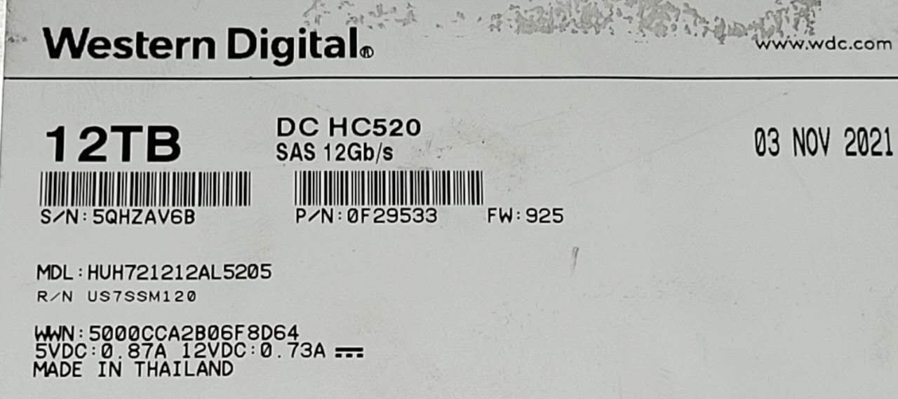 Western Digital Ultrastar 12TB DC HC520 3.5" 7200RPM SAS HDD 0F29533 100% HEALTH