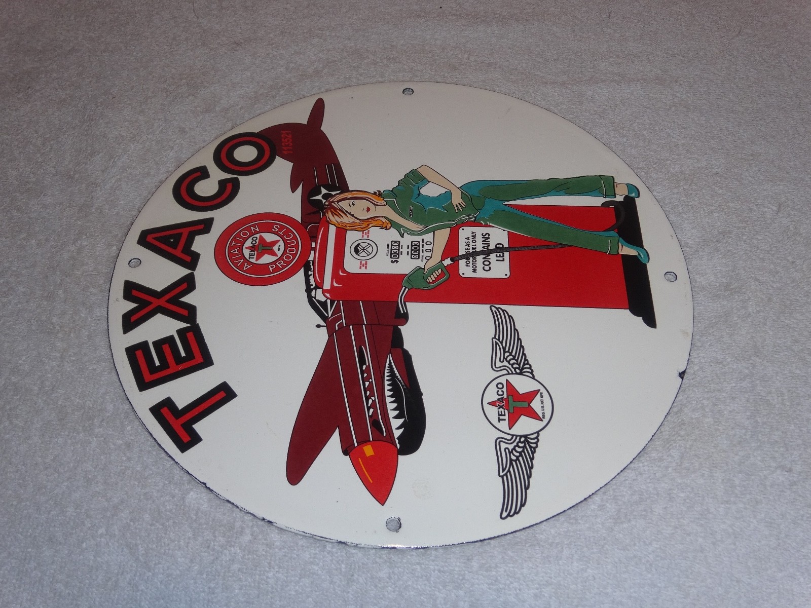 VINTAGE TEXACO AVIATION FEMALE MODEL WW2 AIRPLANE 11 3/4" PORCELAIN GAS OIL SIGN