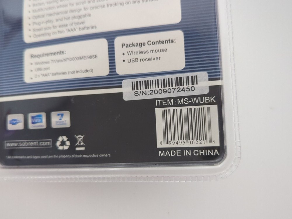 SABRENT WIRELESS PRECISION 3 BUTTON MINI OPTICAL MOUSE MS-WUBK