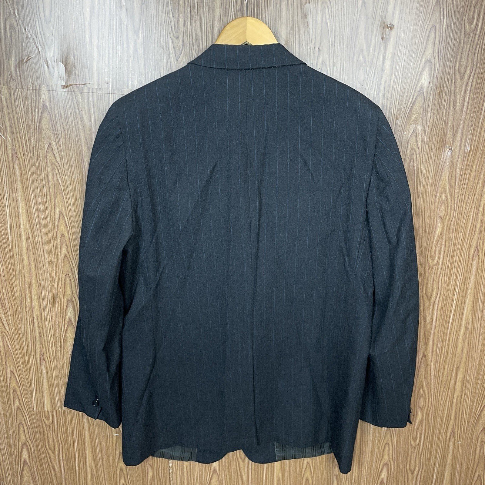 Paul Cicchini Bespoke 2 Piece Suit Mens 46XL 38x33 Black Blue Striped Wool USA