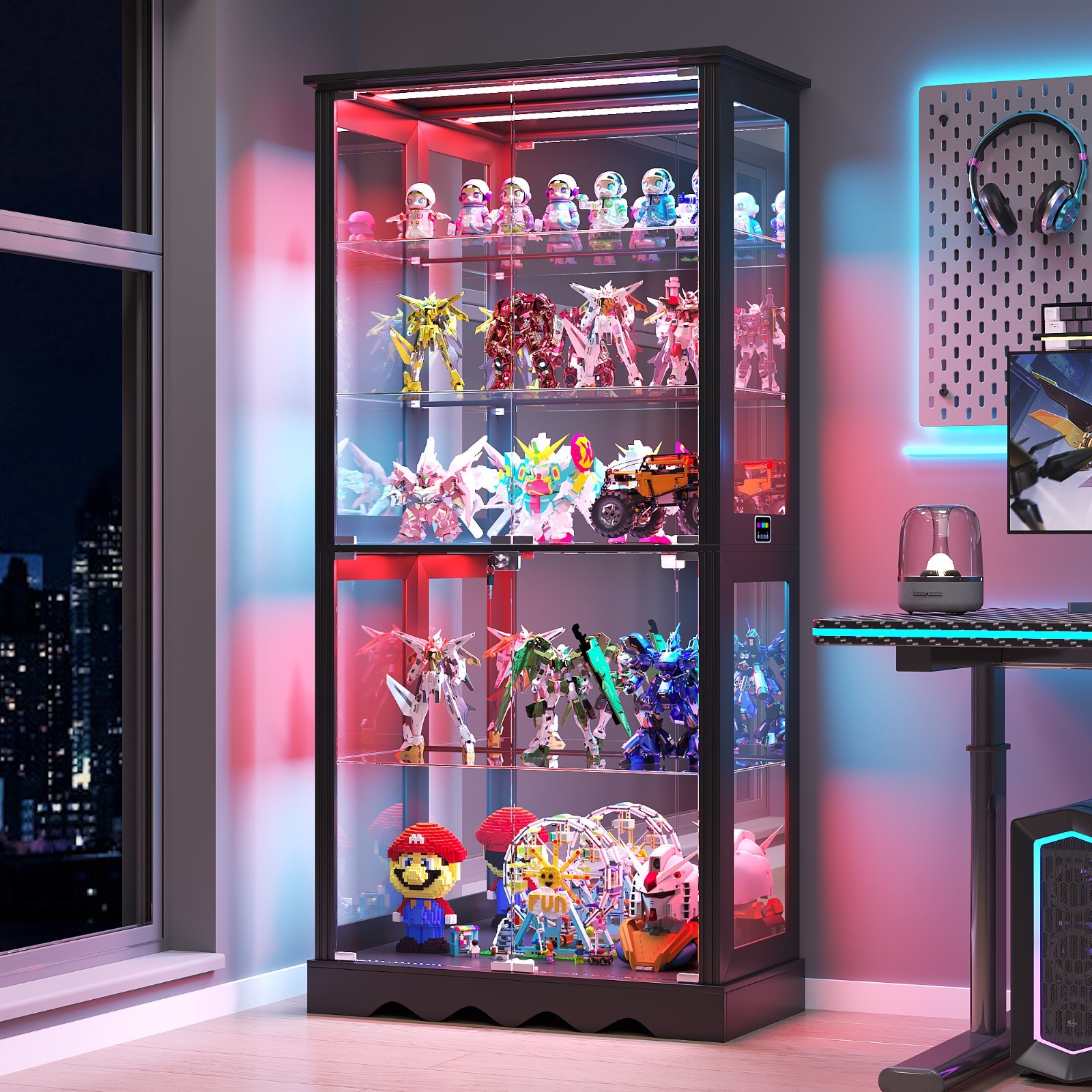 Display Cabinet with Glass Doors, Curio Cabinet with RGB Lights for Collectibles