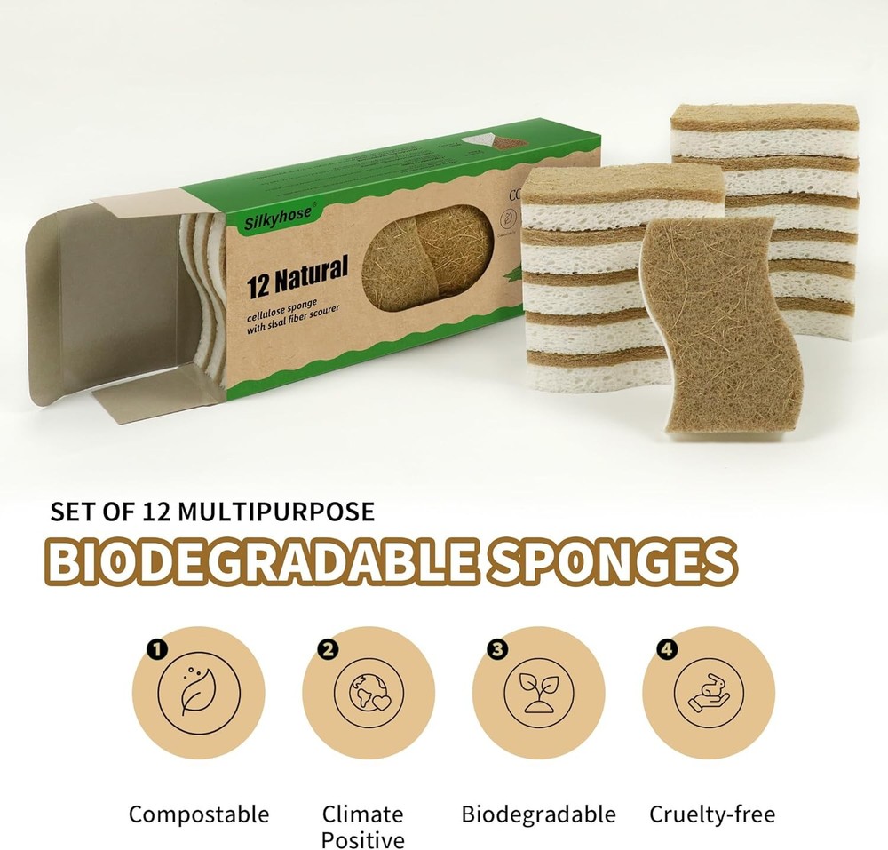 Biodegradable Natural Kitchen Sponge, Compostable Cellulose White