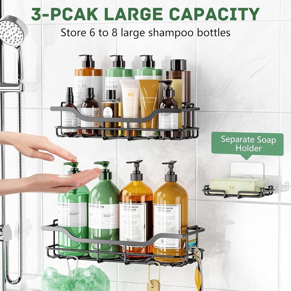 Versatile Rustproof Shower Caddy Set with Easy 2-Step Installation - BlackLarge