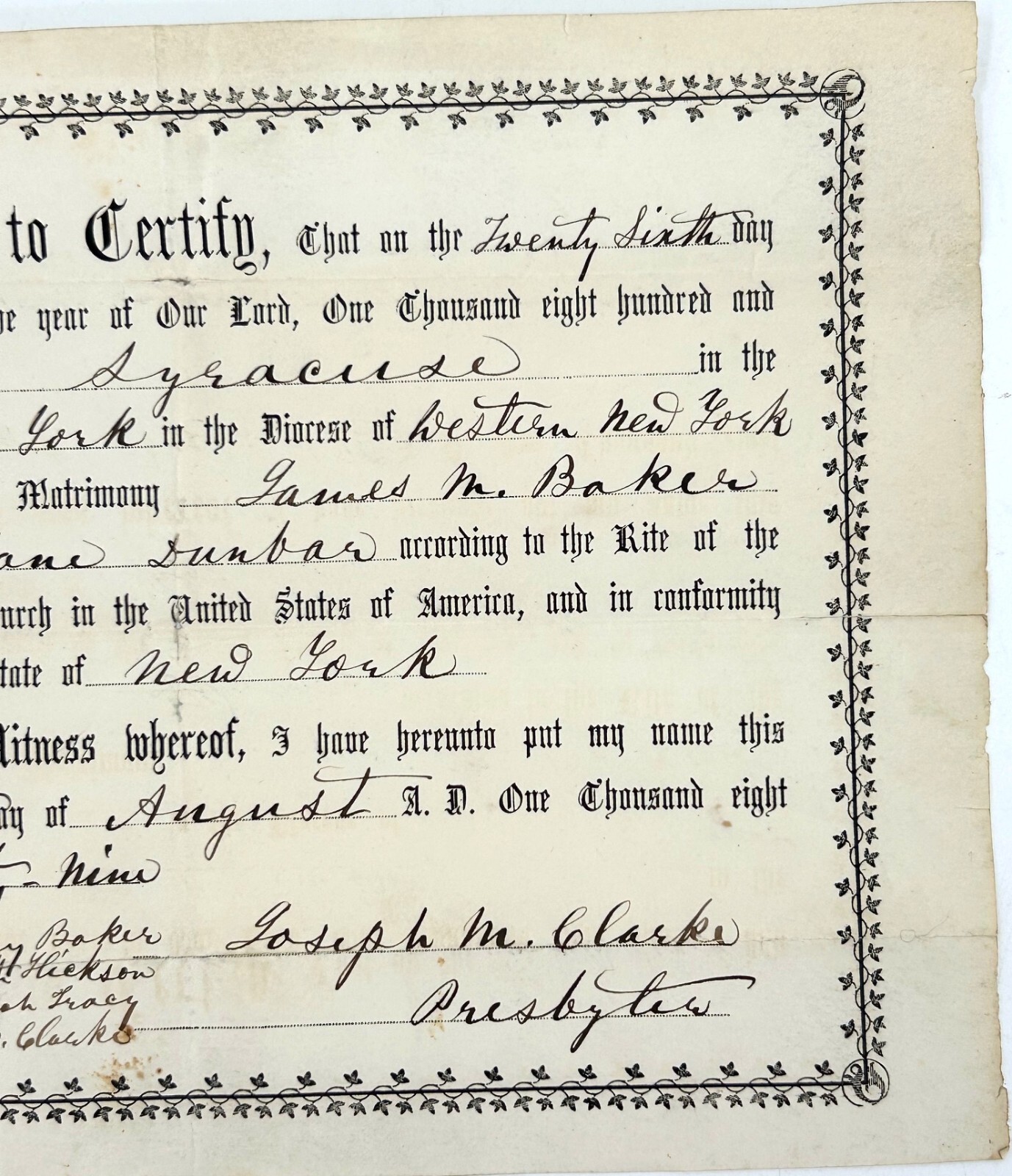 Antique Original 1859 (Pre Civil War) Marriage Certificate - Syracuse, NY