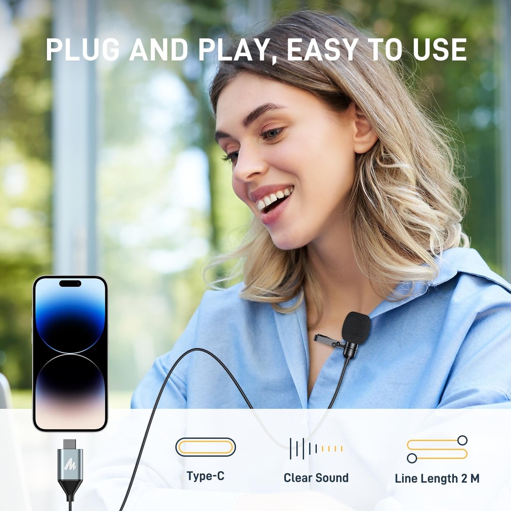 USB C Lavalier Microphone for iPhone 15, iPad, Android, Omnidirectional Conde...