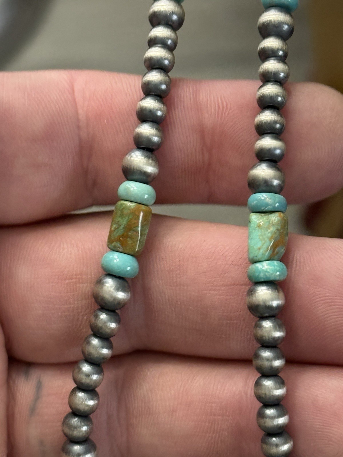 STERLING SILVER 5mm NAVAJO PEARL TURQUOISE CYLINDER BEADS BEADED NECKLACE .925