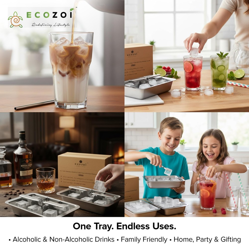 Ecozoi Stainless Steel Ice Cube Trays with Easy Release Handle - 2 Pack