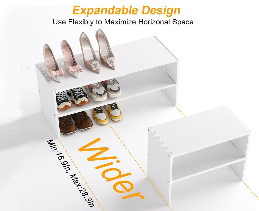 White Shoe Rack Organizer for Closet, 2-Tier Expandable Shoe Shelf, Stackable...