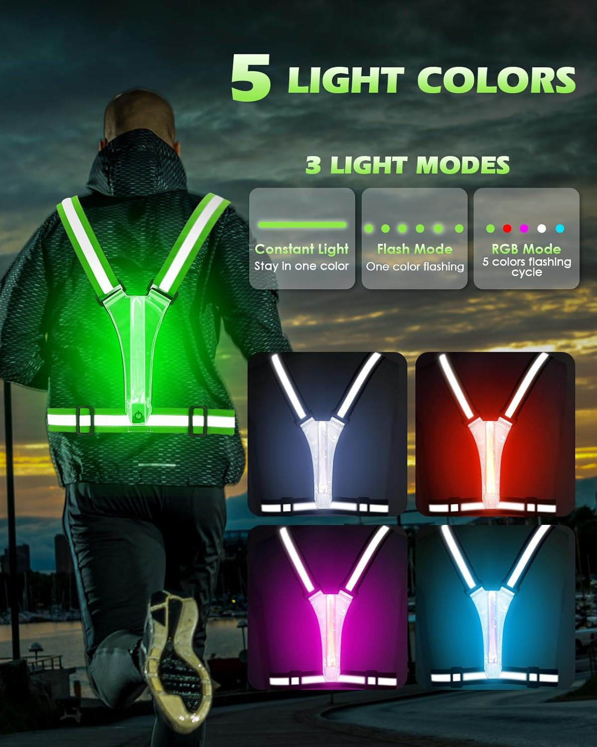 Zacro LED Reflective Vest Running Gear, 5 Lights Colors High Visibility Reflecti