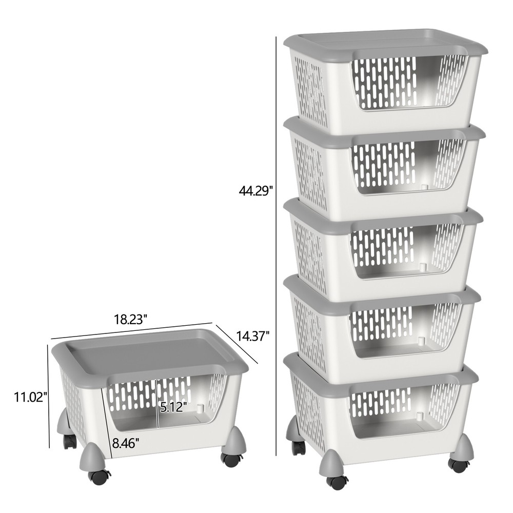 Mayish 5-Tier Stacking Storage Basket with Wheels, Stackable Plastic Baskets