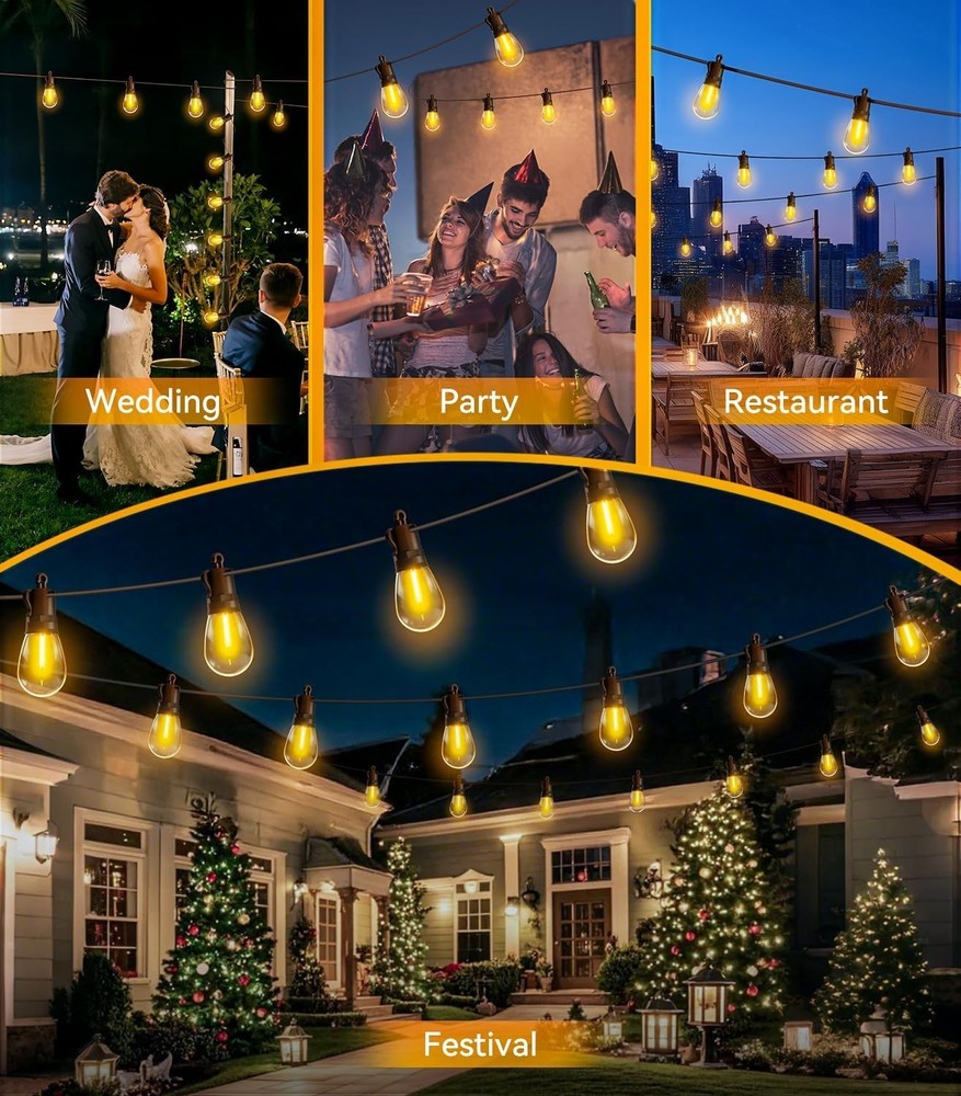 Outdoor String Lights Patio LED - Light Outside 50Ft 15M Waterproof Remote Dimma