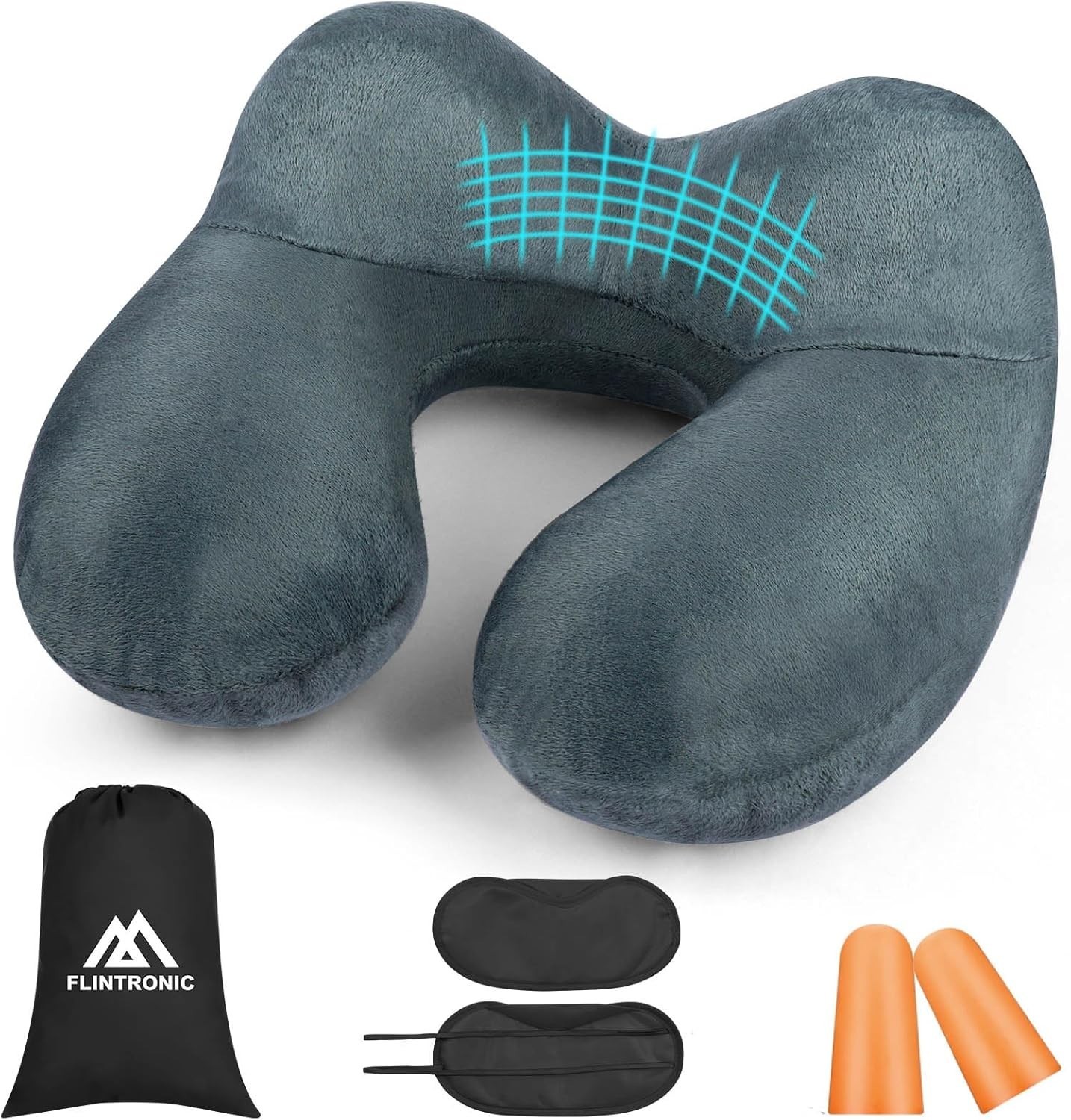 Inflatable Neck Travel Pillow Soft Velvet Ergonomic Airplane Car Grey