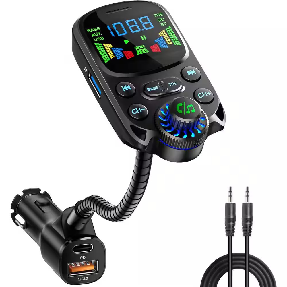 Bluetooth 5.3 FM Transmitter Car Adapter PD30W USB Fast Charge Hifi Treble Bass