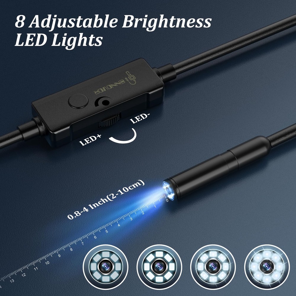 Endoscope Camera with Light, 1920P HD Borescope Camera with 8 Adjustable LED