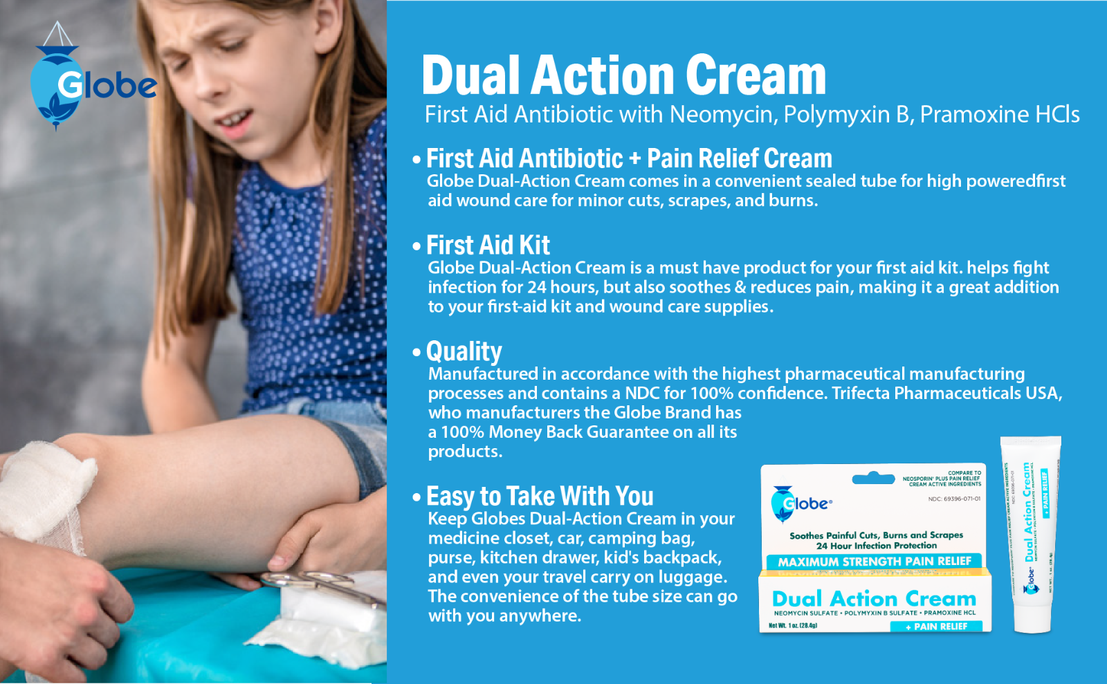 Globe Triple Antibiotic+Pain Relief Cream 1 oz (Compare to Neosporin) (4 Pack)