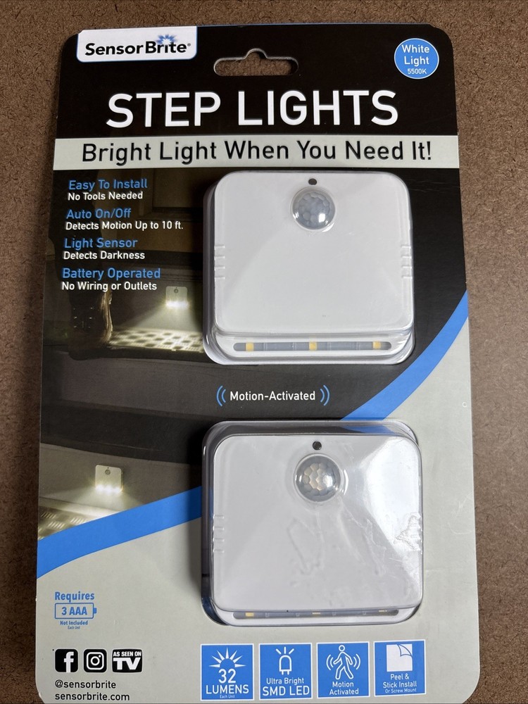 (2-Pk) Sensor Brite Peel & Stick Wireless Motion-Activated LED Step Lights