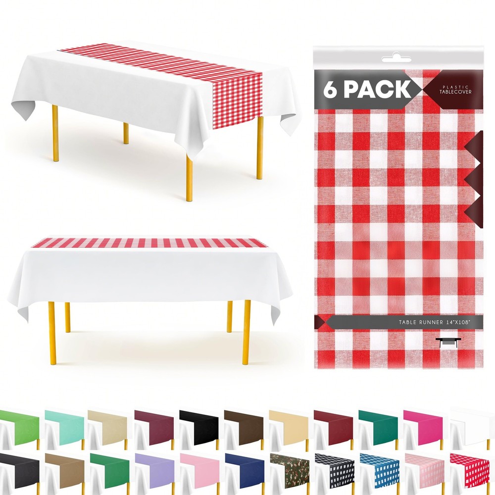 Checkered Table Runner, 6PCS Disposable Plastic, 14x108Inch, Red