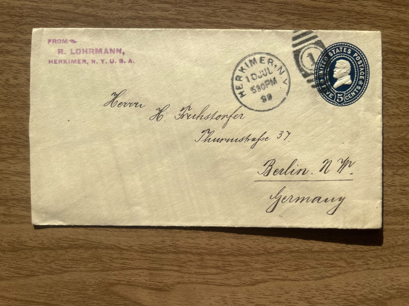 1899 USA Cover Herkimer NY to Berlin Germany 5c Grant Stamp Transatlantic Mail