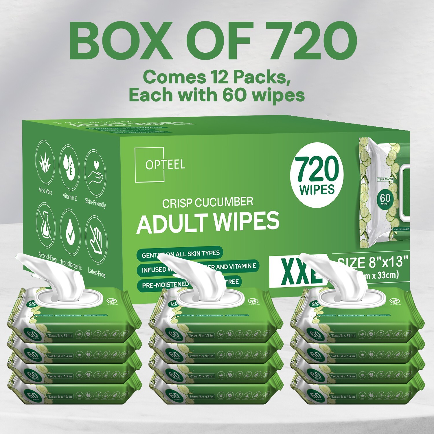 Adult Wipes For Elderly Softly Scented - 8x13" 720ct (12 Packs of 60)