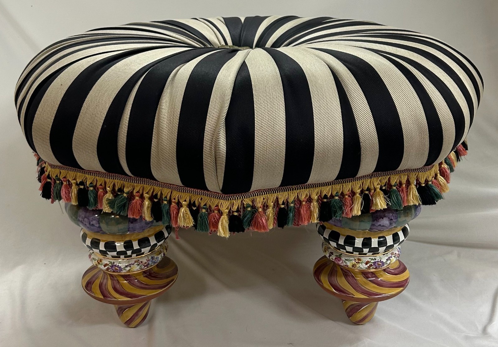 Mackenzie-Childs On Wall Street Ottoman Black & Beige w/Hand Painted Legs - NICE