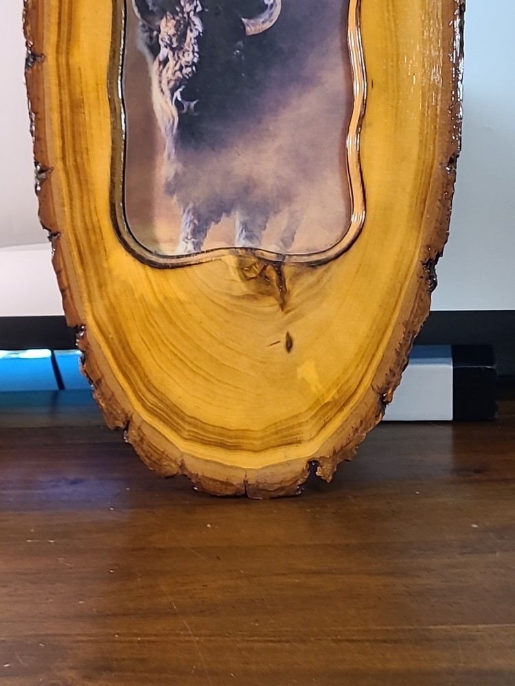 Vintage Laquered Wood Tree Slice Buffalo Clock. Clock Does Not Work.