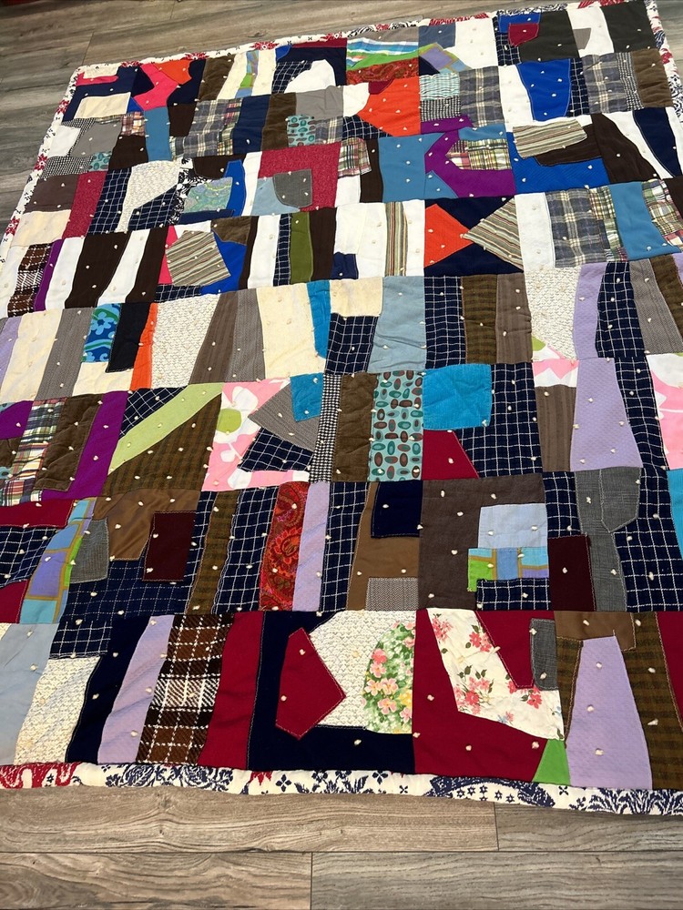 Crazy Patchwork Quilt Double Sided Handmade 78x65 Vintage 70s