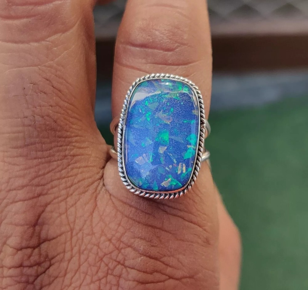 Australian Opal Gemstone Solid 925 Sterling Silver Designer Ring All Size MK*