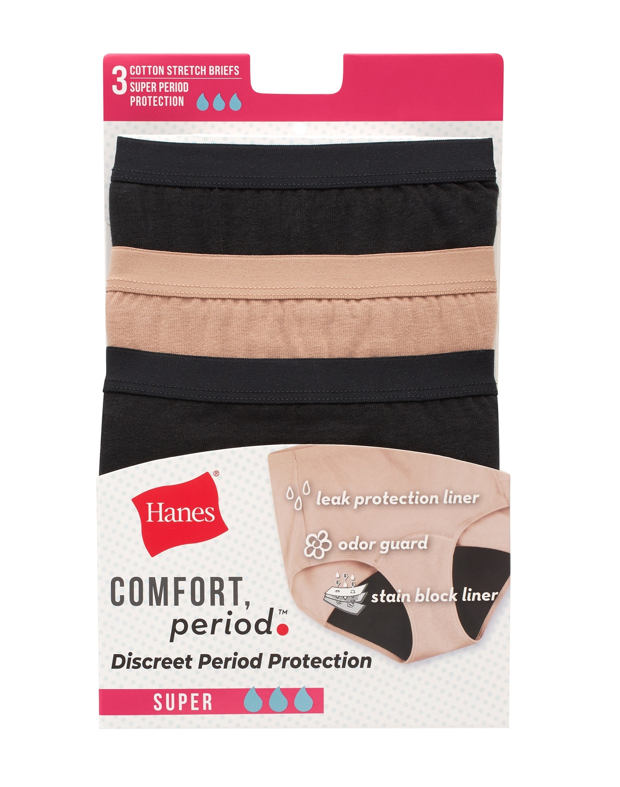Hanes Comfort, Period. Brief Period Underwear, Super Leaks, 3-Pack