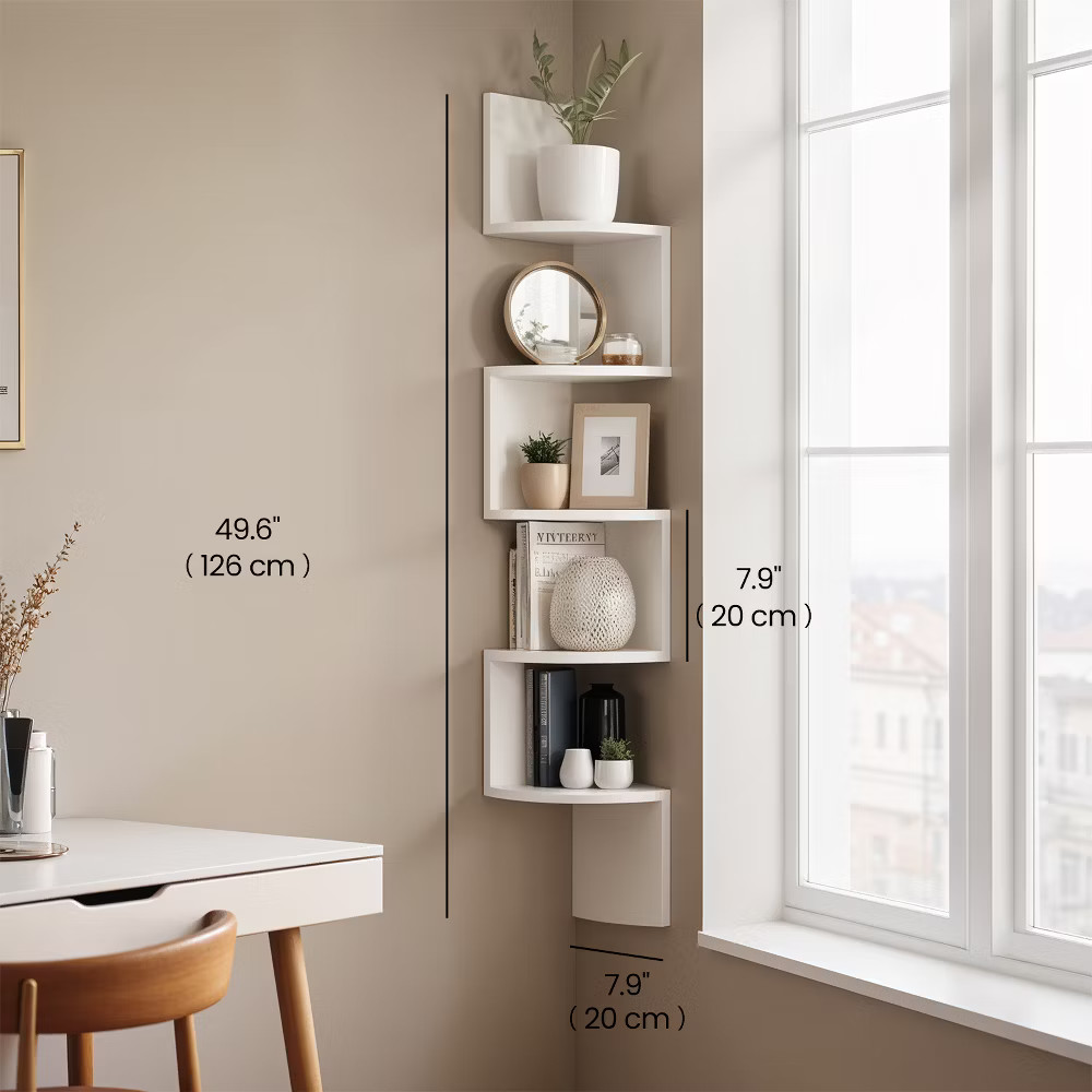 Wall Mount Floating Corner Shelf, 5-Tier Radial for Bedroom, Living
