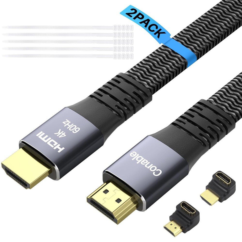 Flat HDMI Cable (2 Pack, 2FT+ 2FT), 4K High Speed 2 Feet Pack)