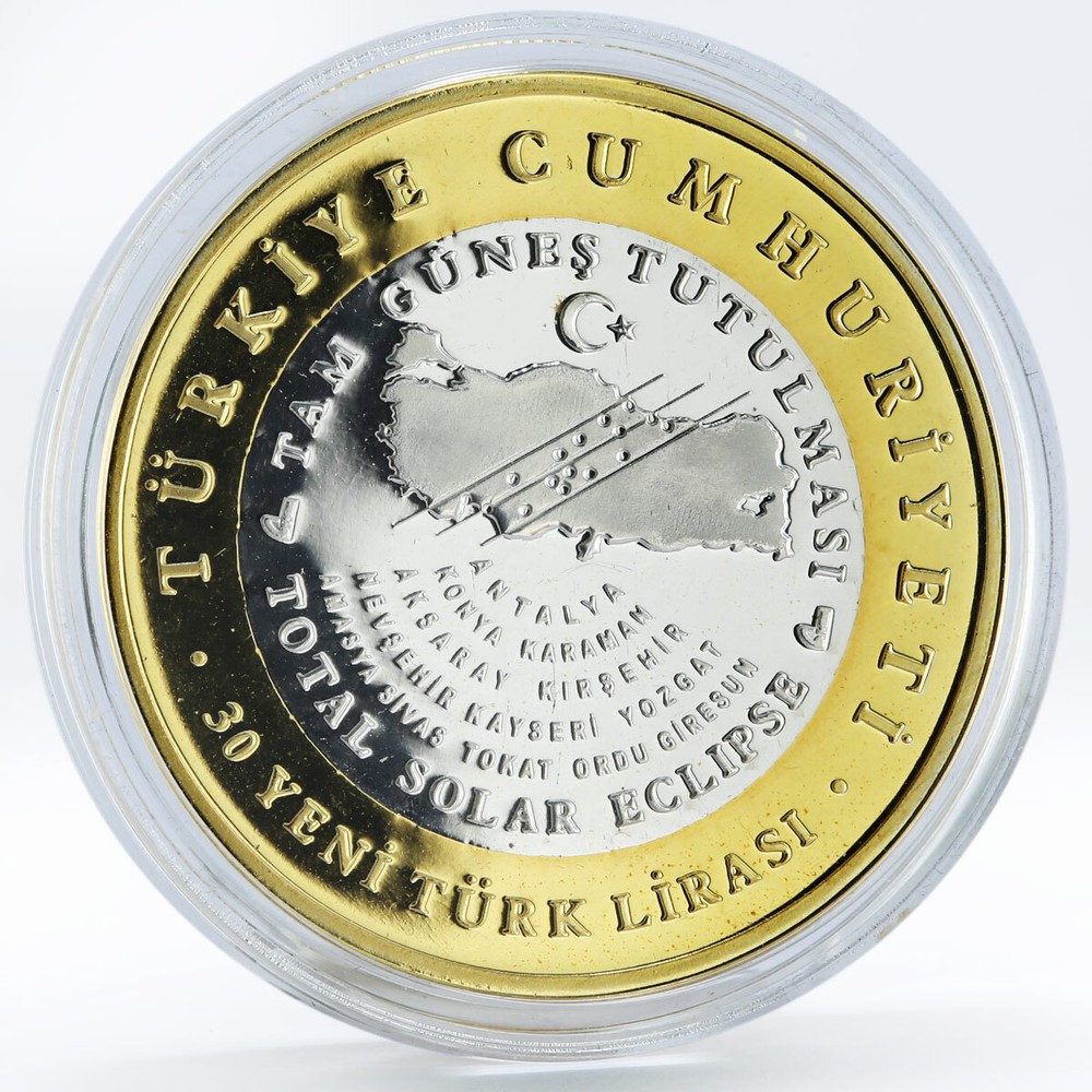 Turkey 30 lira Total Sun Eclipse Space Effect gilded silver coin 2006